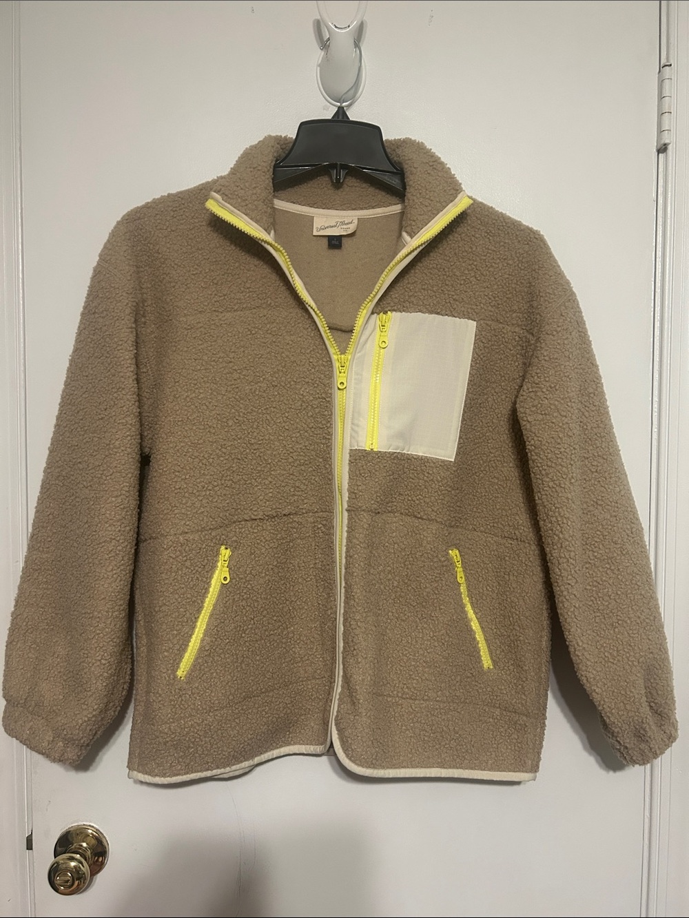 Universal Thread Taupe Teddy Jacket with Yellow Zipper Accents